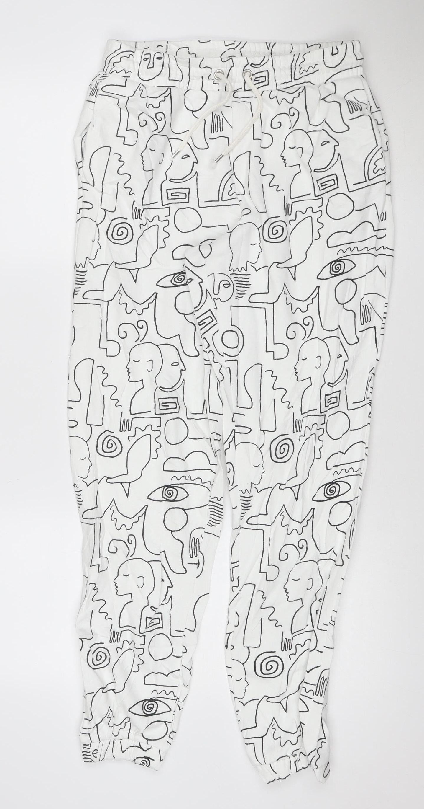 Monki Women White Abstract Print Cotton Jogger Trousers Size S