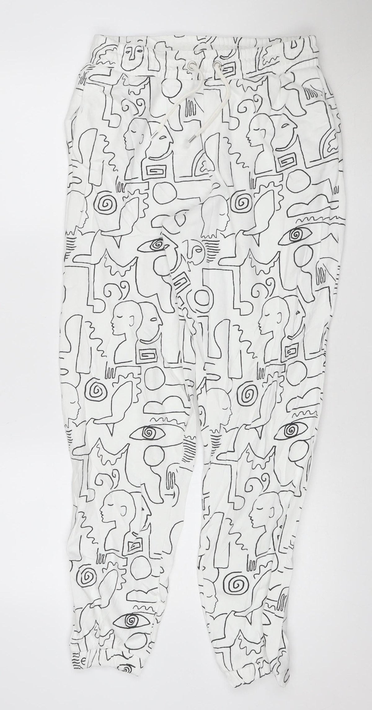 Monki Women White Abstract Print Cotton Jogger Trousers Size S