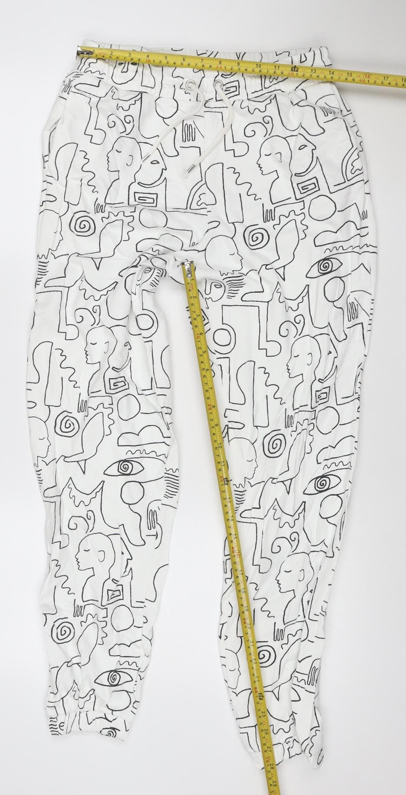Monki Women White Abstract Print Cotton Jogger Trousers Size S