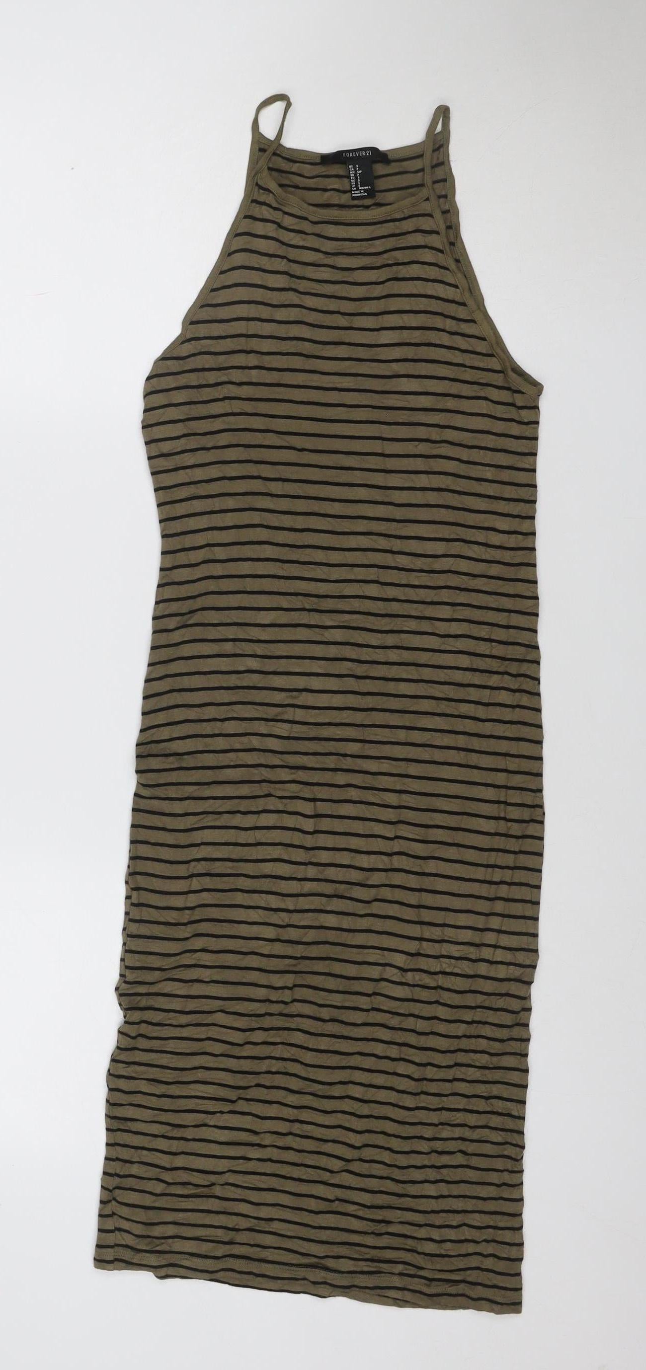 Forever 21 Women Brown Striped Tank Dress Size S Stretch Jersey