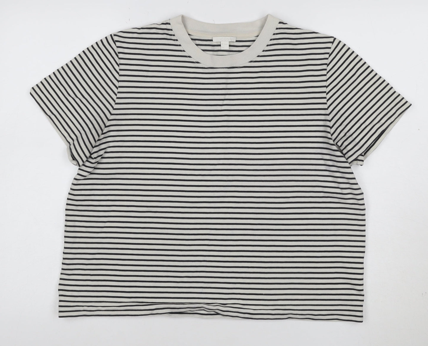 COS Women White Striped Basic T-Shirt Size L Cotton Crew Neck