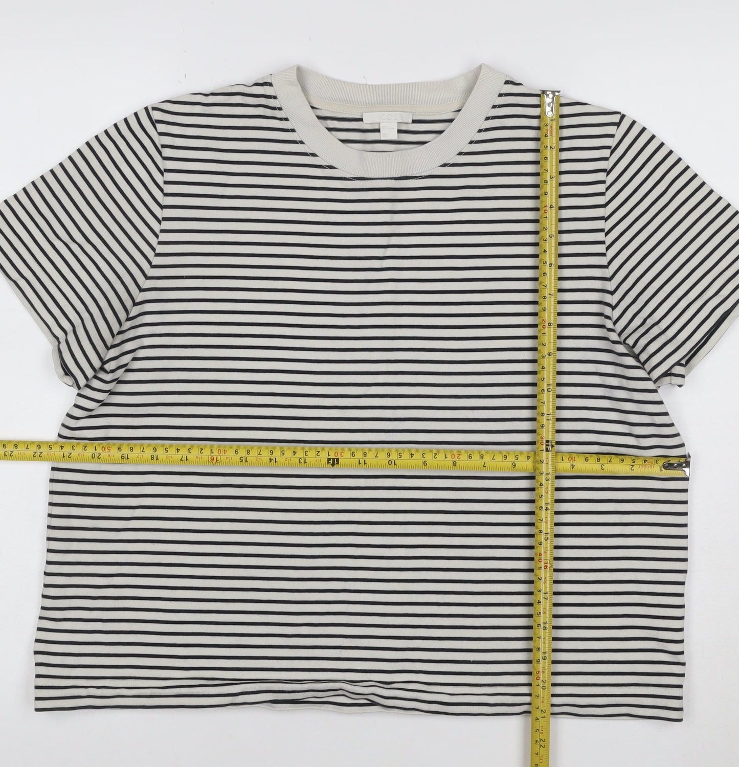 COS Women White Striped Basic T-Shirt Size L Cotton Crew Neck