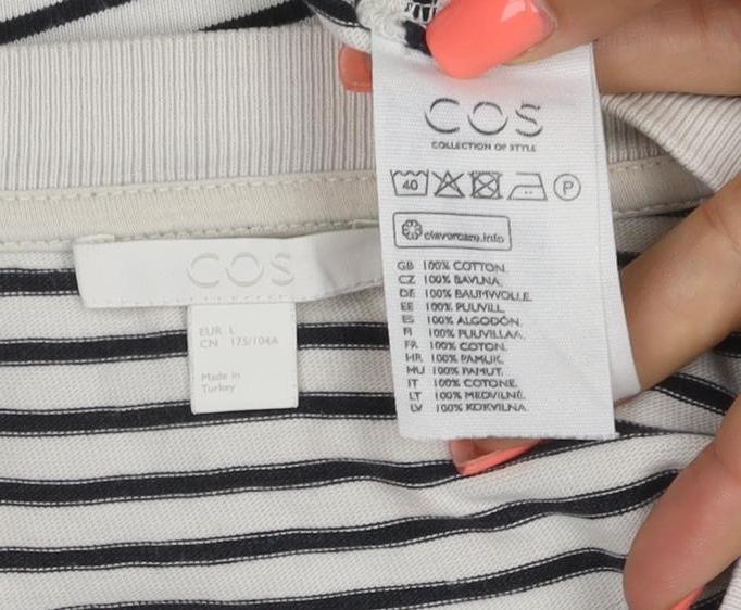 COS Women White Striped Basic T-Shirt Size L Cotton Crew Neck