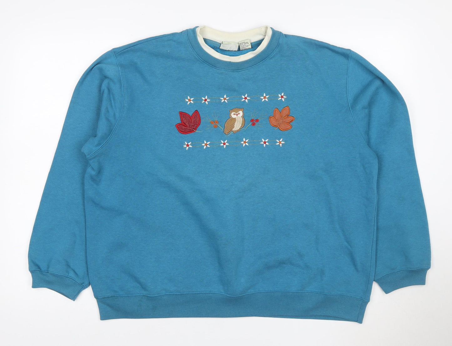 Classic Elements Women Blue XL Pullover Sweatshirt Owl Embroidered Cotton Blend