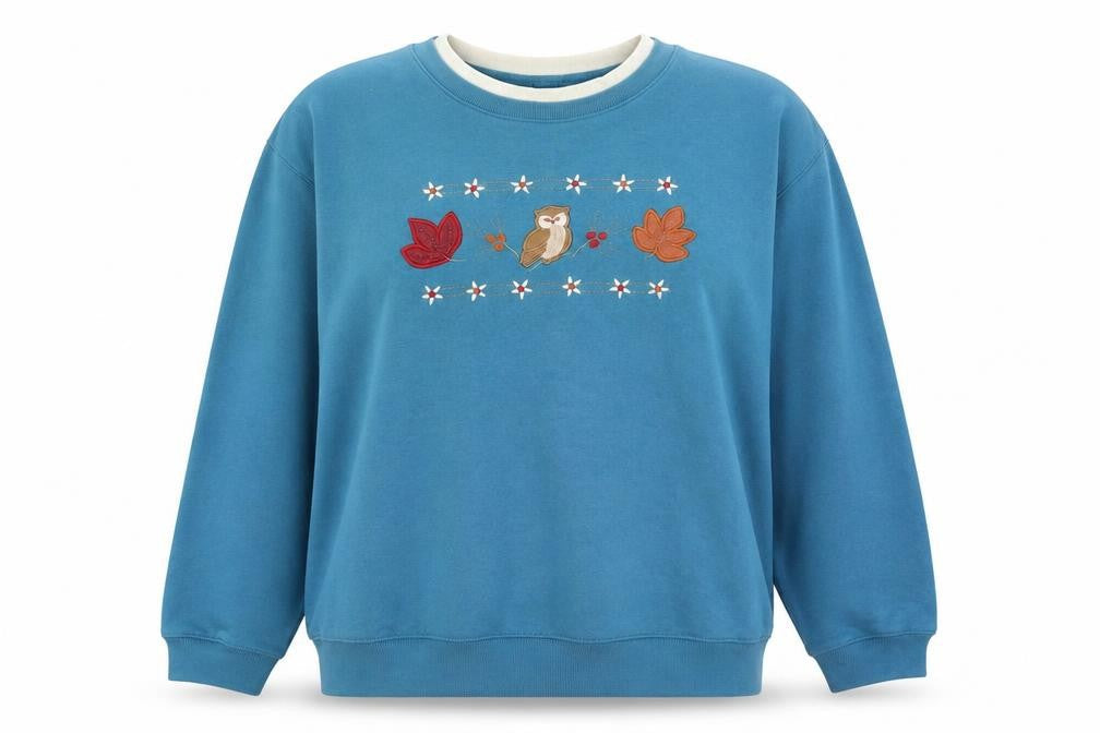 Classics Elements Women Blue XL Pullover Sweatshirt Owl Embroidered Cotton Blend