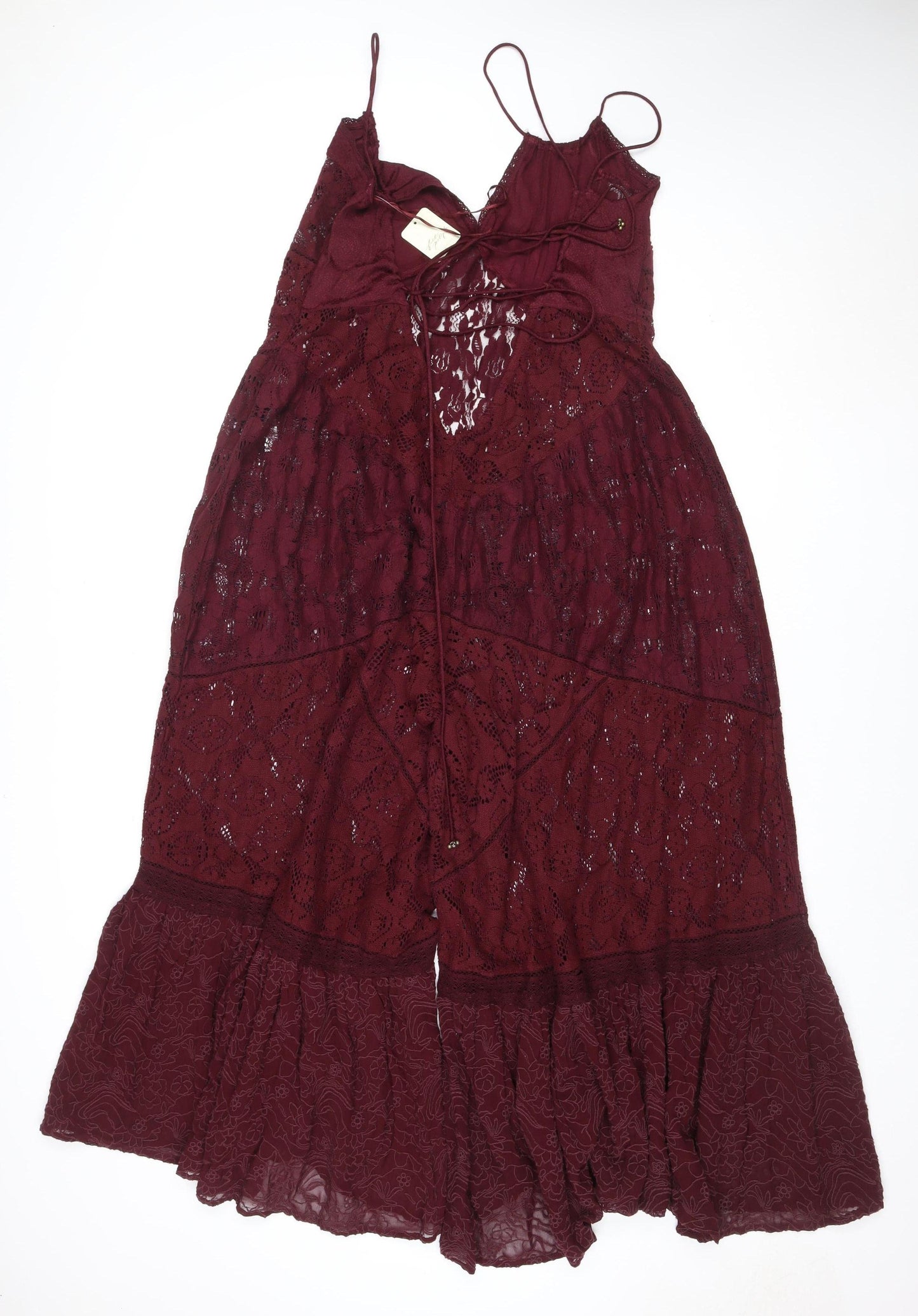 Free People Women's Burgundy Lace Wide-Leg Jumpsuit Size M