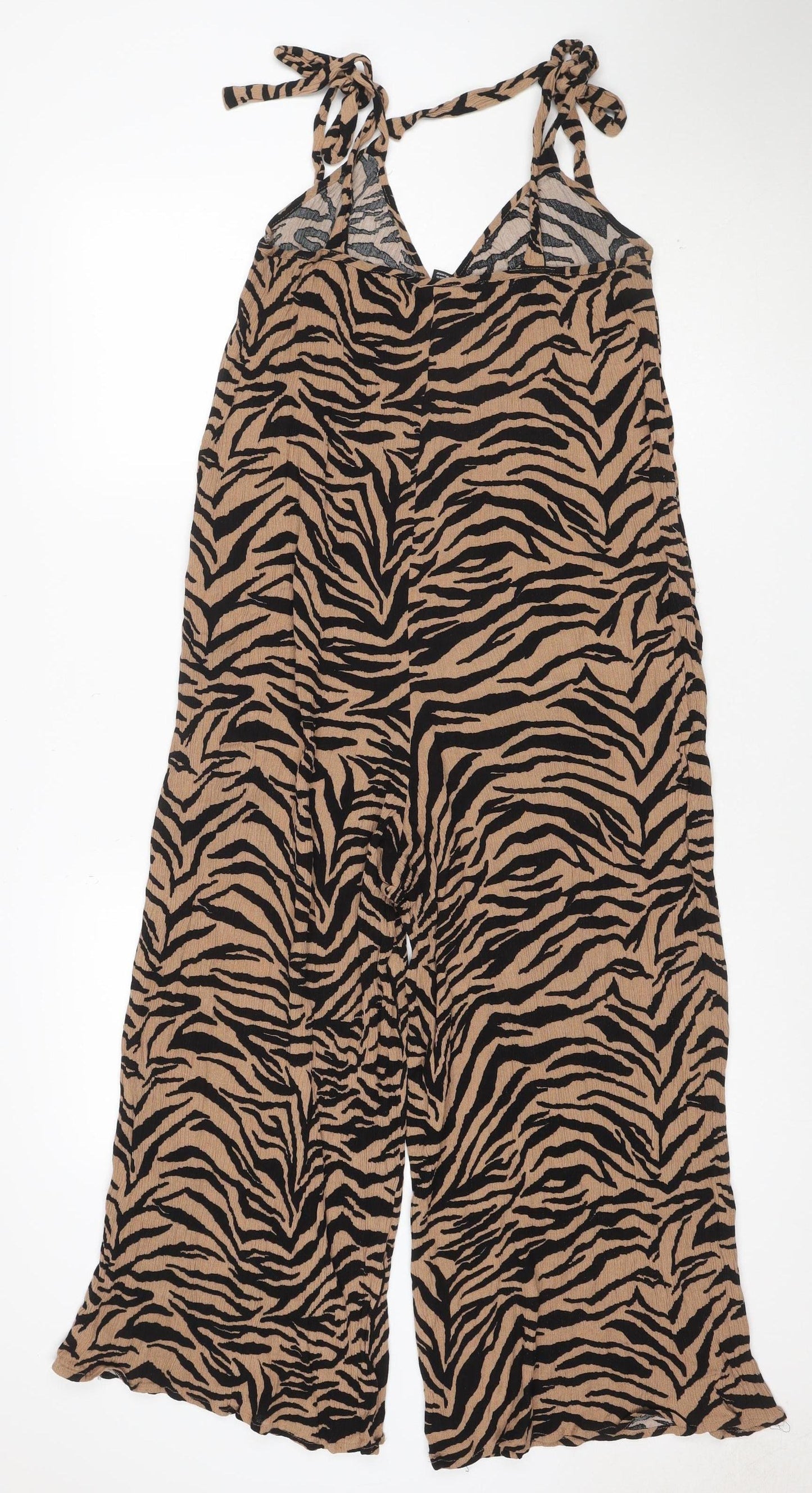 New Look Women's Beige & Black Zebra Print Jumpsuit Size 12 Viscose Strappy Wide-Leg