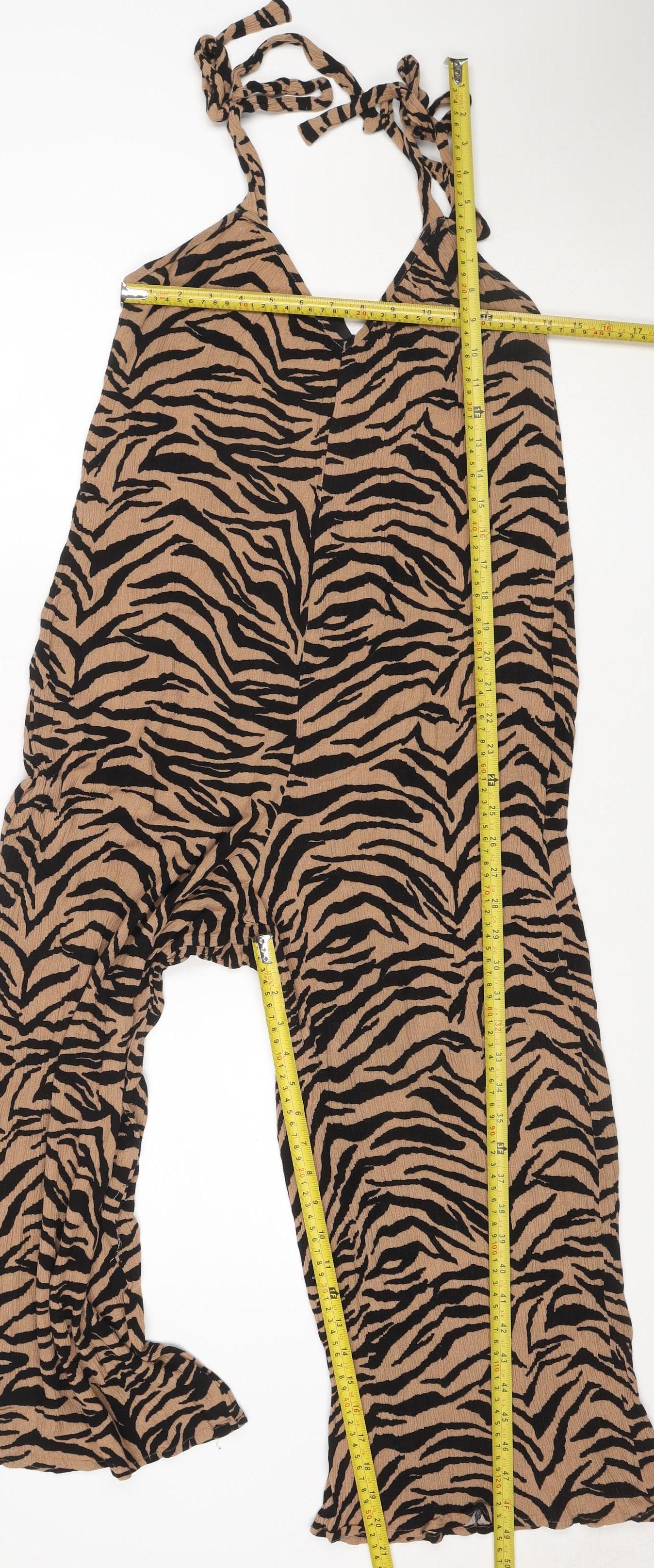 New Look Women's Beige & Black Zebra Print Jumpsuit Size 12 Viscose Strappy Wide-Leg
