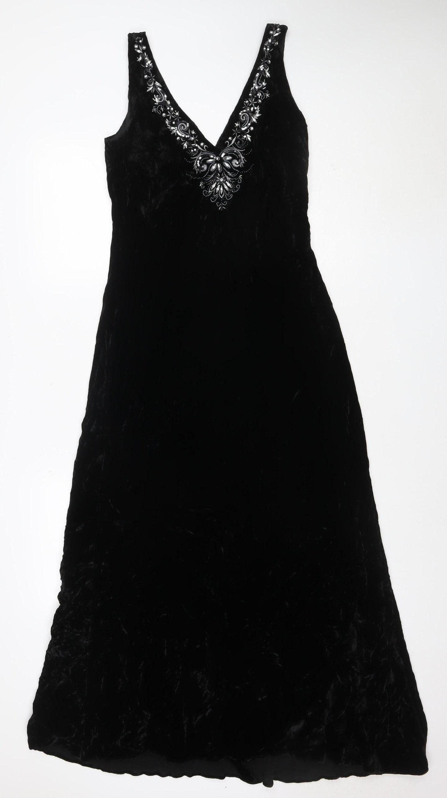 Laura Ashley Women's Black Size 12 Velvet A-Line Sleeveless Embroidered Evening Dress