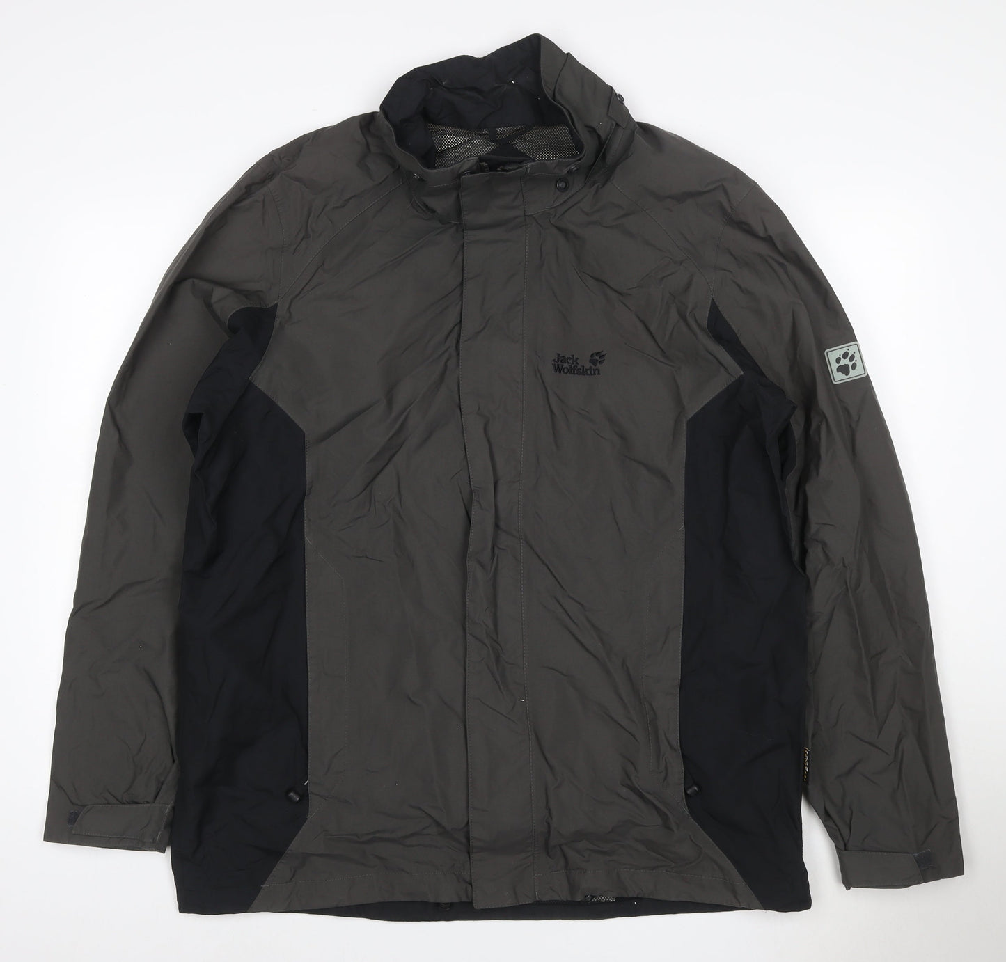 Jack Wolfskin Men's Grey L Hooded Waterproof Rain Jacket Lined
