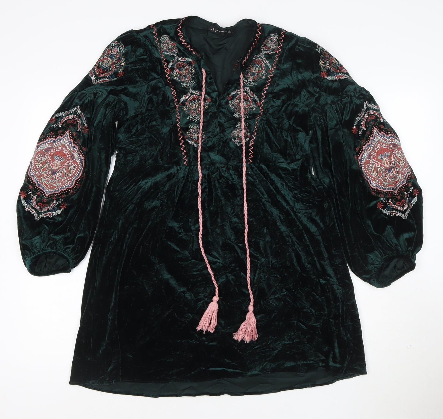 Zara Woman Green Velvet Embroidered Boho Tunic Dress Size 8