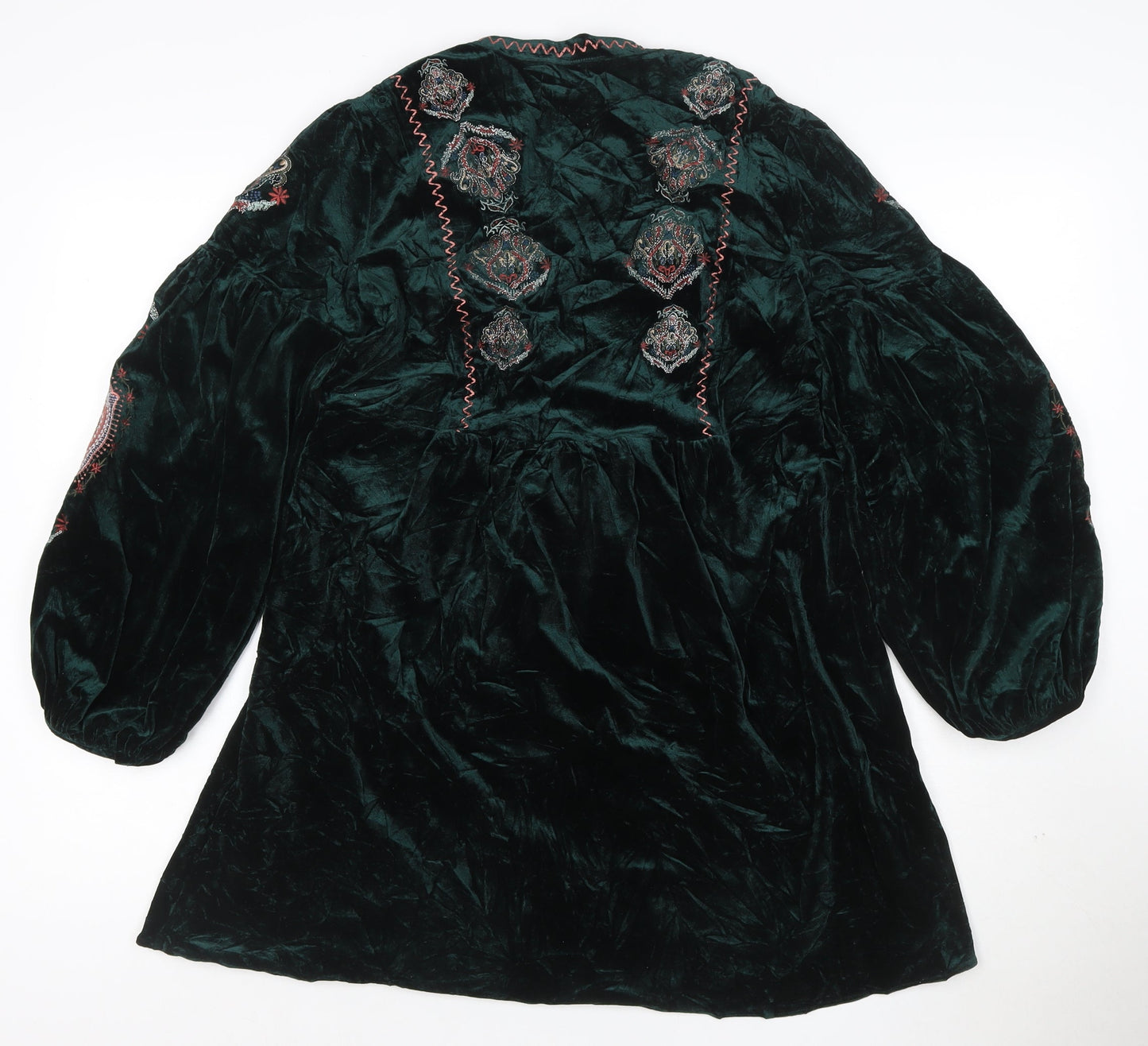 Zara Woman Green Velvet Embroidered Boho Tunic Dress Size 8