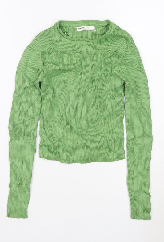 Pull & Bear Women Green Slim Fit Ribbed Knit Long Sleeve Jumper Size S