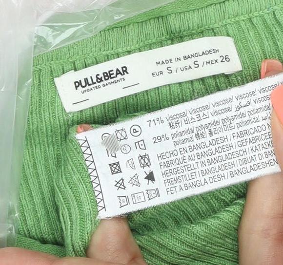 Pull & Bear Women Green Slim Fit Ribbed Knit Long Sleeve Jumper Size S