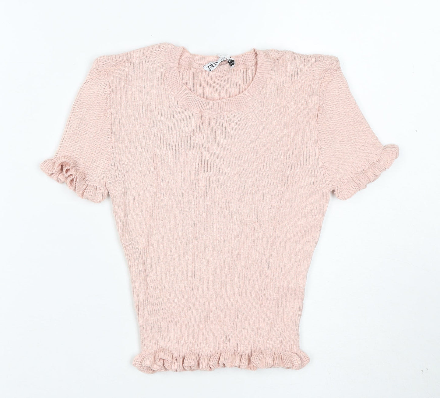 ZARA Women's Pink Ruffle Knit Short Sleeve T-Shirt Size S