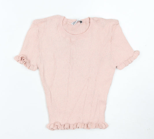 ZARA Women's Pink Ruffle Knit Short Sleeve T-Shirt Size S