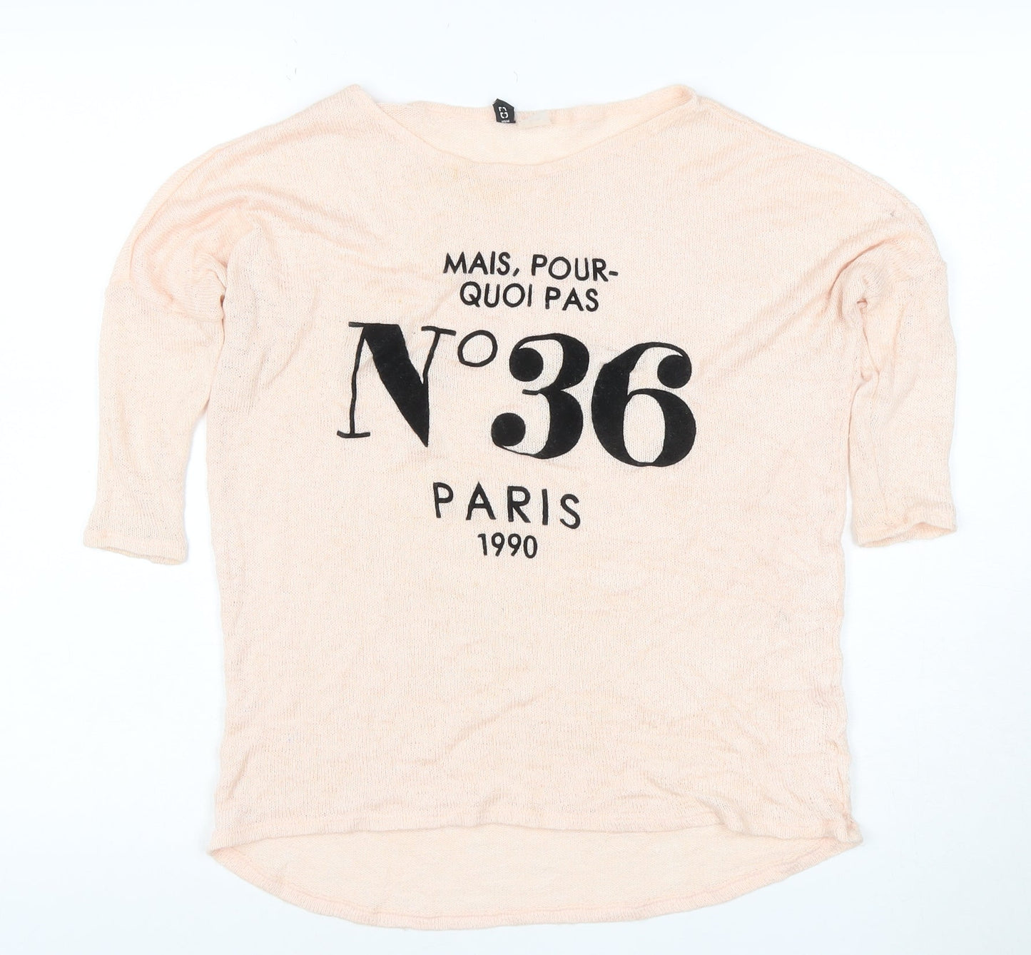 H&M Women Beige Graphic Paris Pullover Jumper XS 3/4 Sleeve Knit