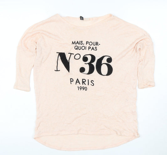 H&M Women Beige Graphic Paris Pullover Jumper XS 3/4 Sleeve Knit