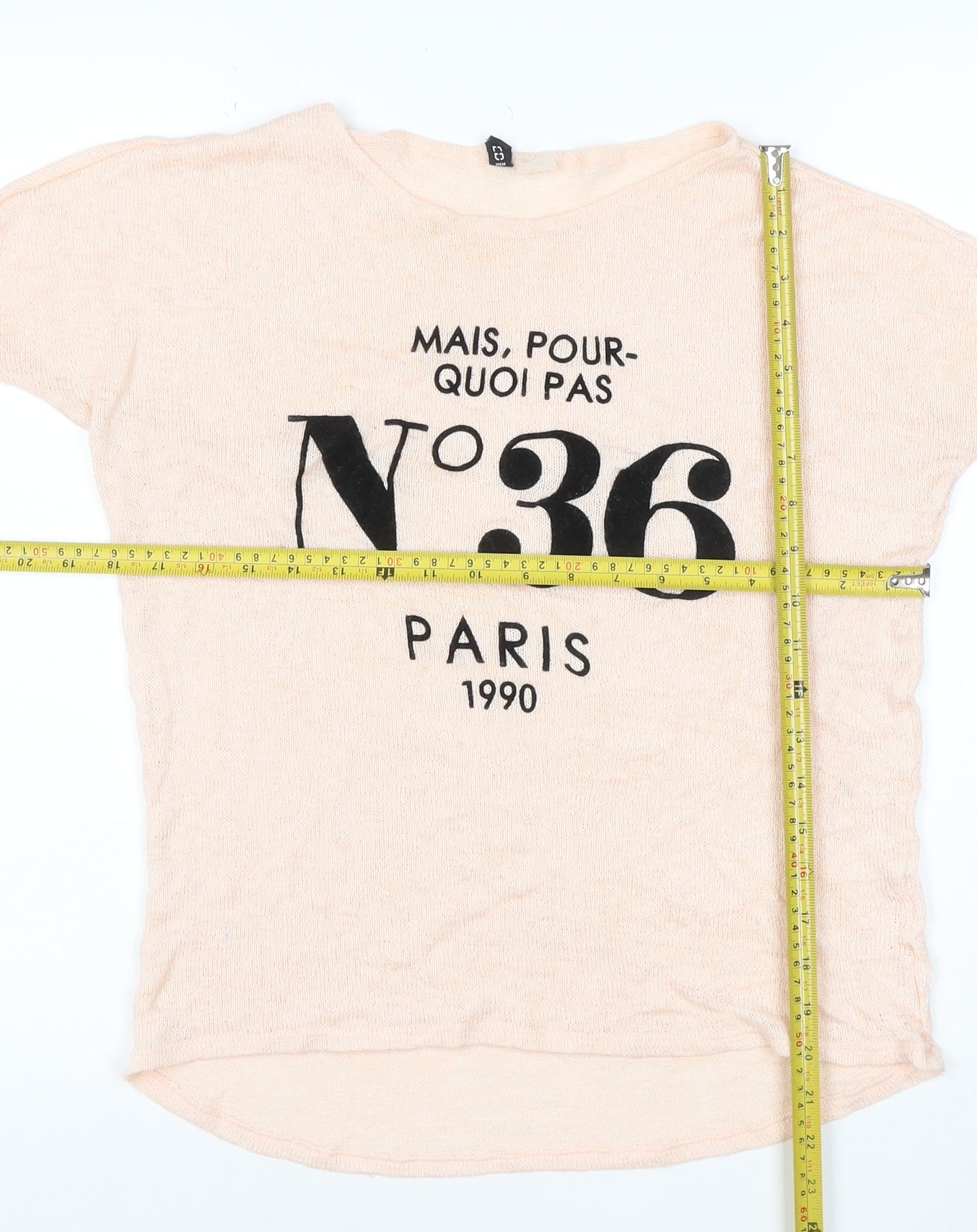 H&M Women Beige Graphic Paris Pullover Jumper XS 3/4 Sleeve Knit