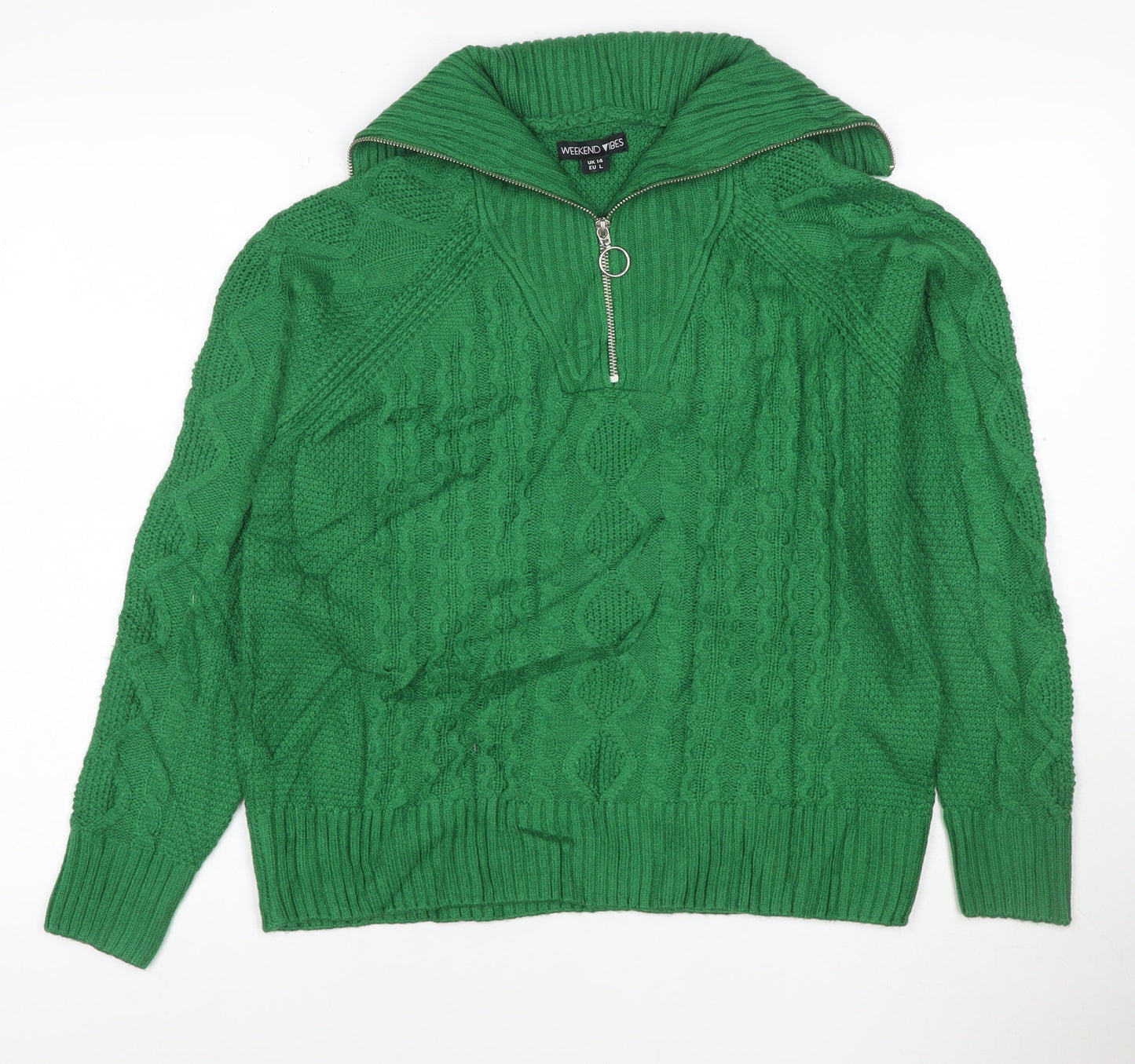 Weekend Vibes Women Green Cable Knit Half Zip Jumper UK 14