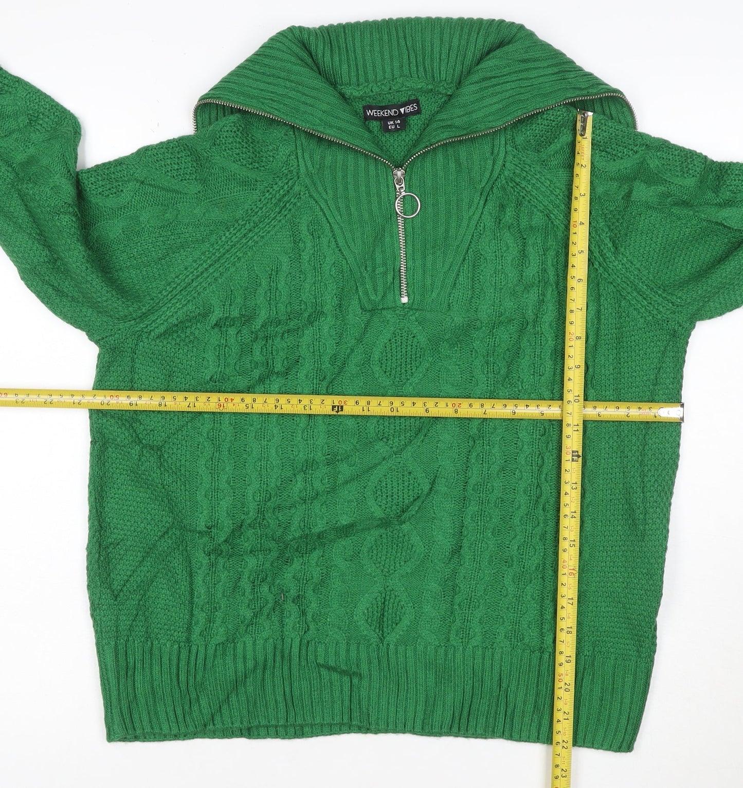 Weekend Vibes Women Green Cable Knit Half Zip Jumper UK 14