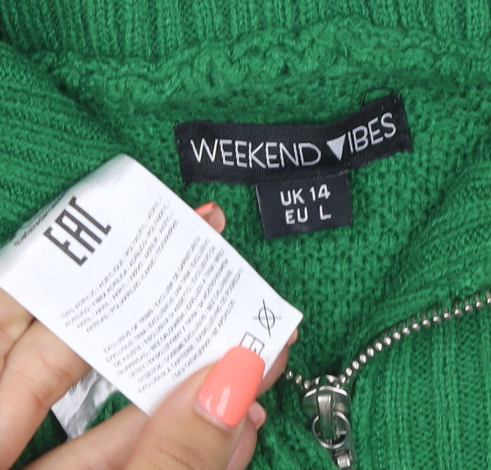 Weekend Vibes Women Green Cable Knit Half Zip Jumper UK 14
