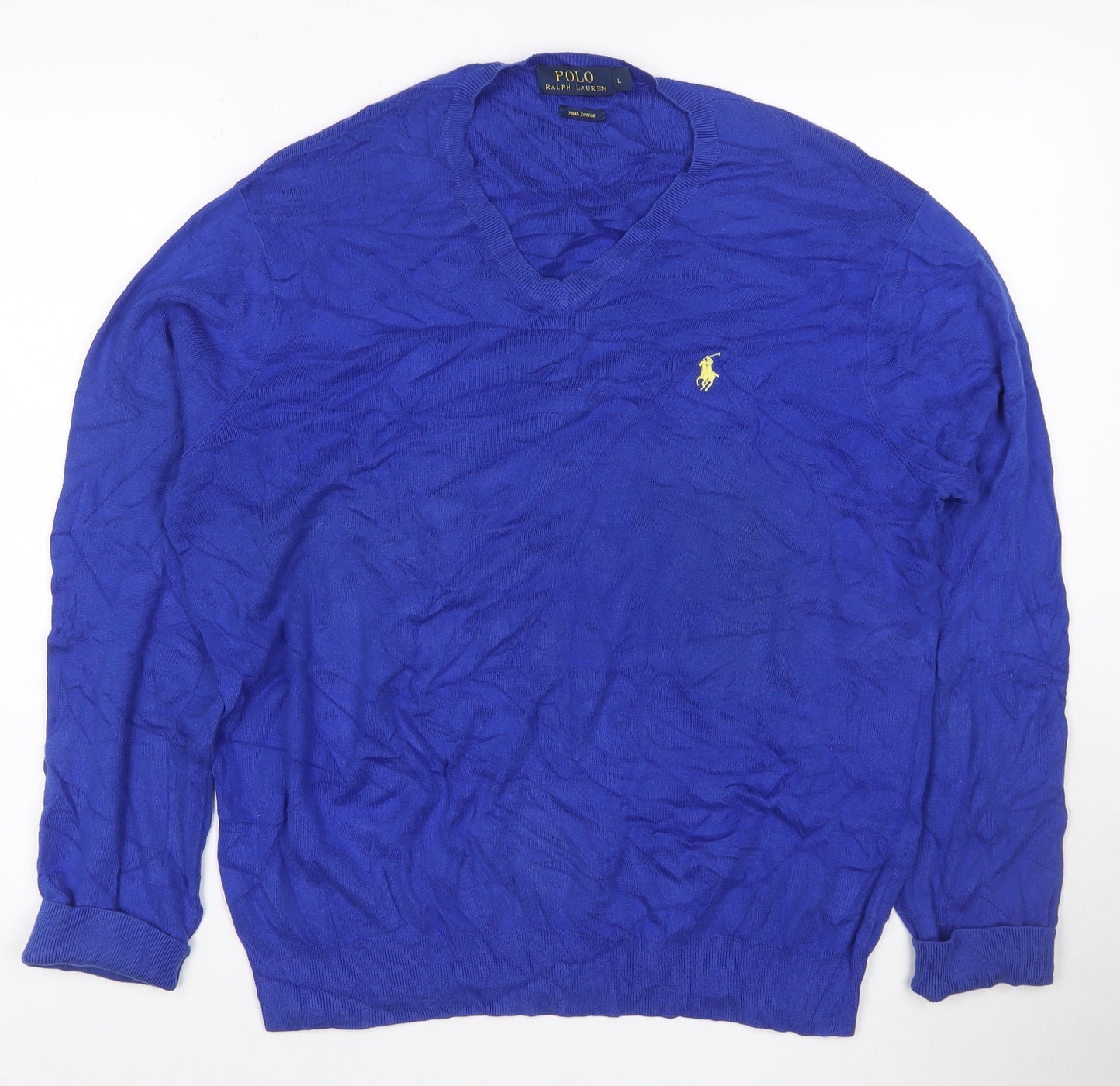 Ralph Lauren Men's Blue V-Neck Cotton Pullover Jumper Size L