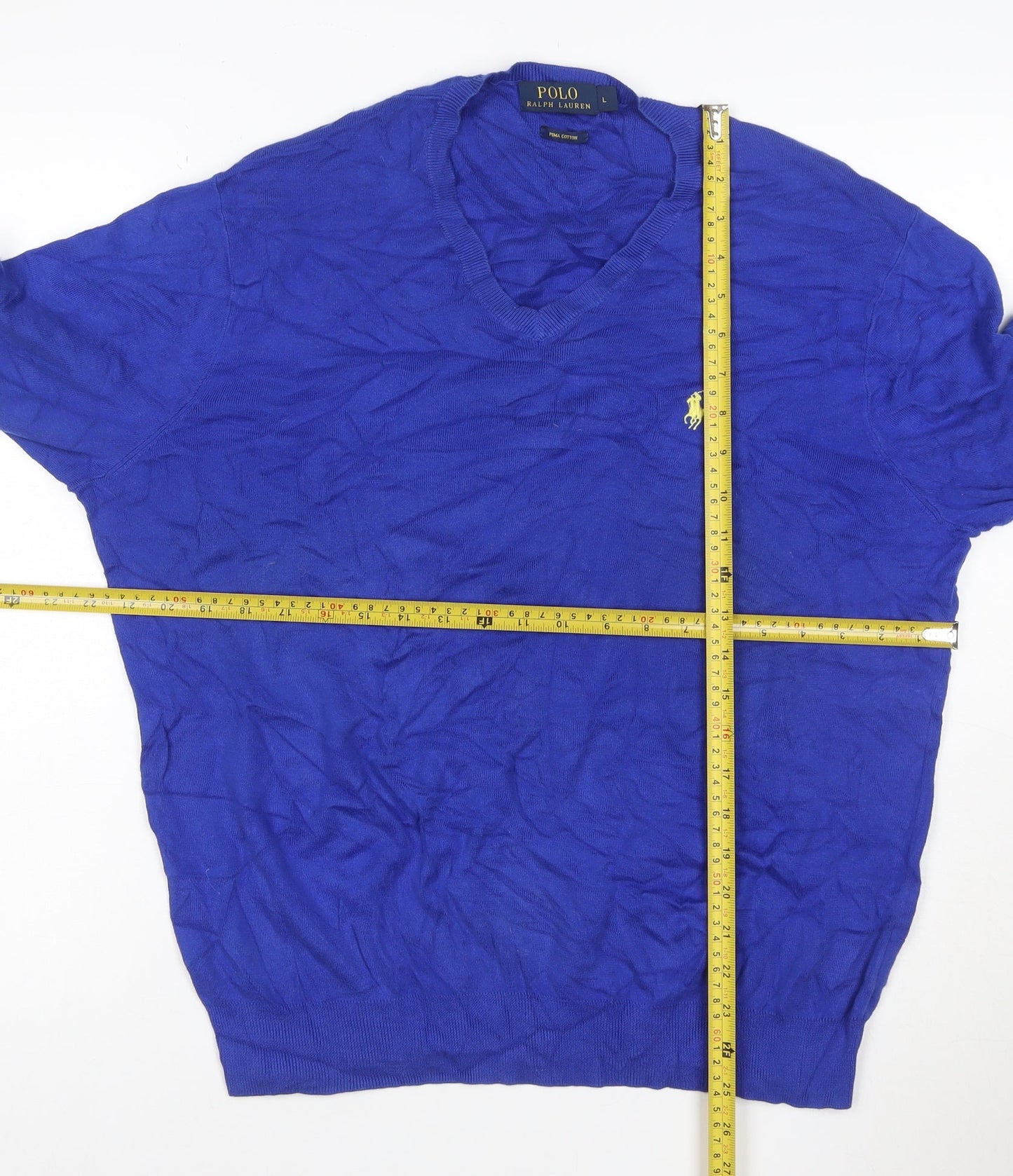 Ralph Lauren Men's Blue V-Neck Cotton Pullover Jumper Size L