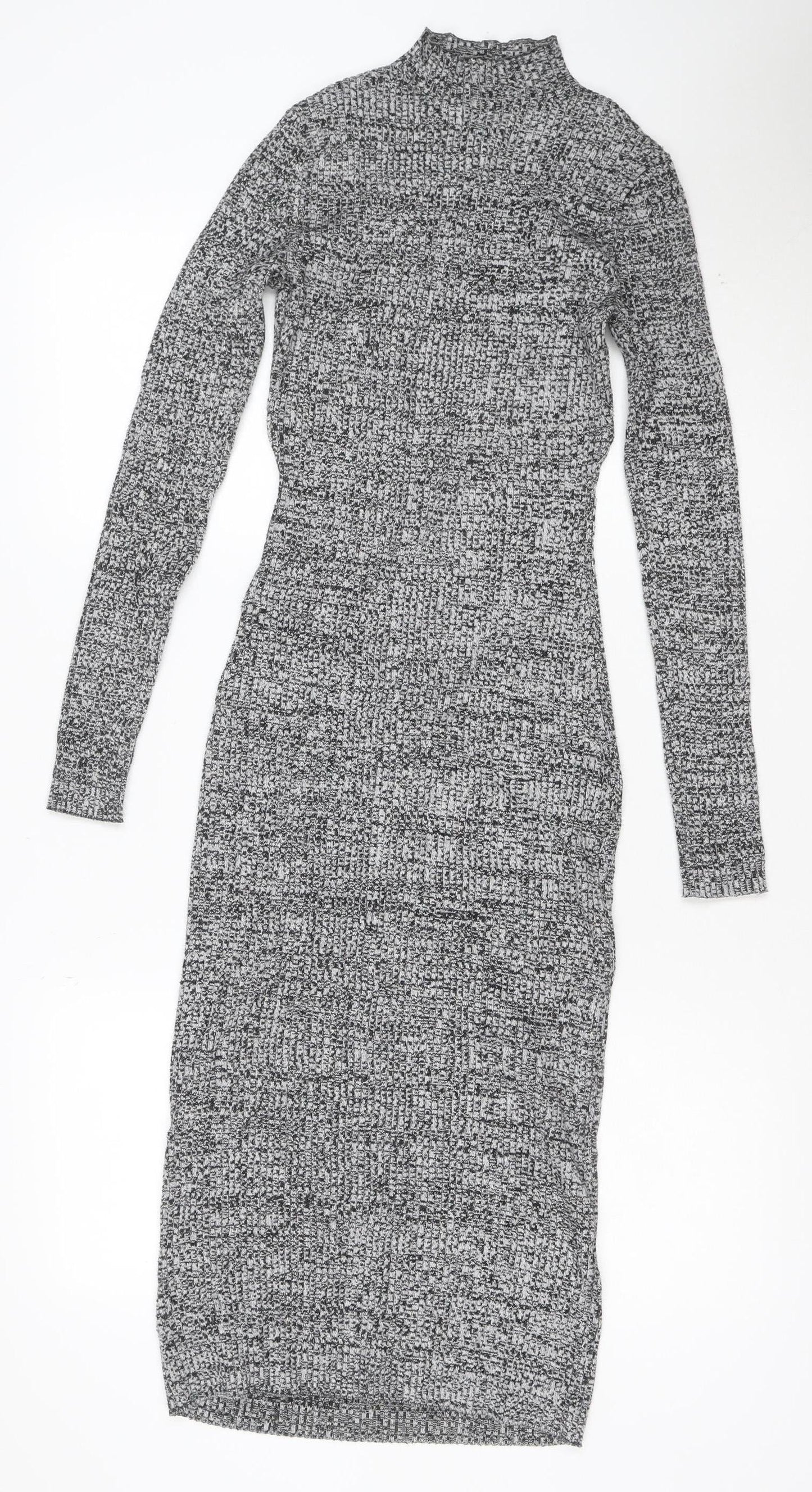 H&M Women Grey Bodycon Knit Midi Dress Size 12 Long Sleeve
