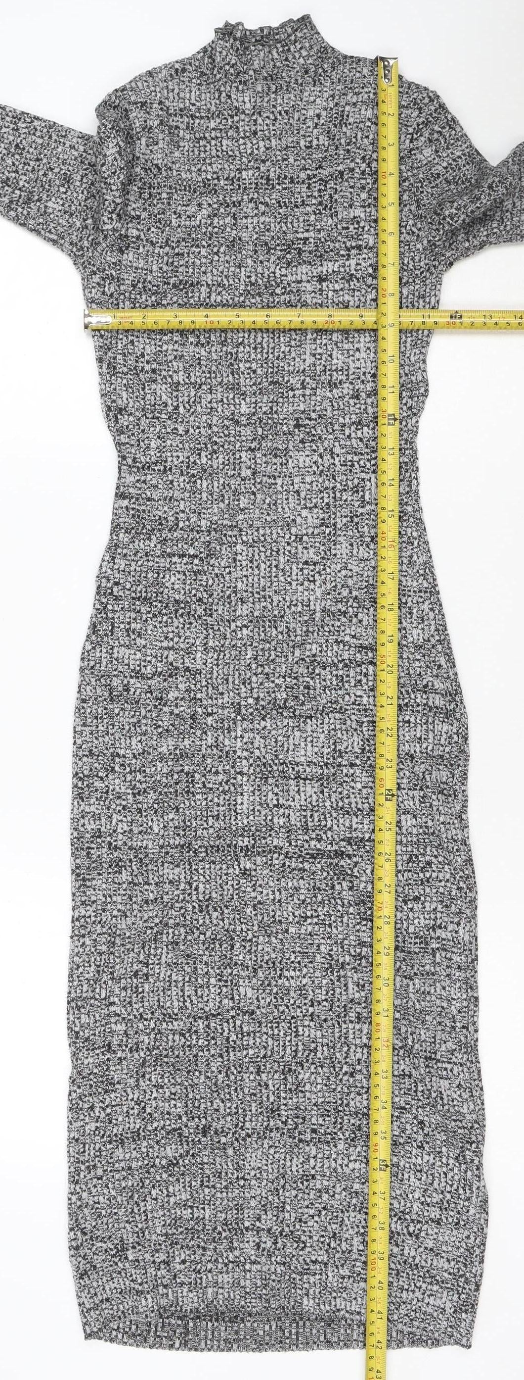 H&M Women Grey Bodycon Knit Midi Dress Size 12 Long Sleeve
