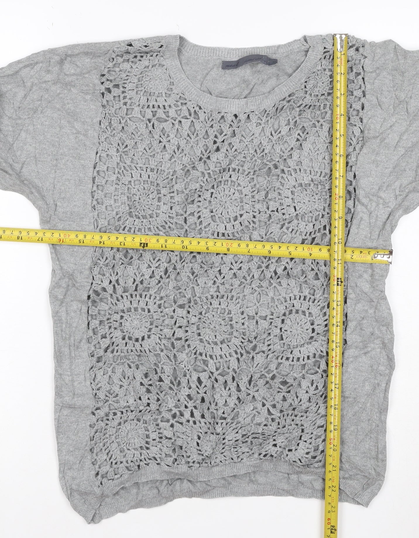 Next Women’s Grey Crochet Front Cotton Short Sleeve Jumper Size 10