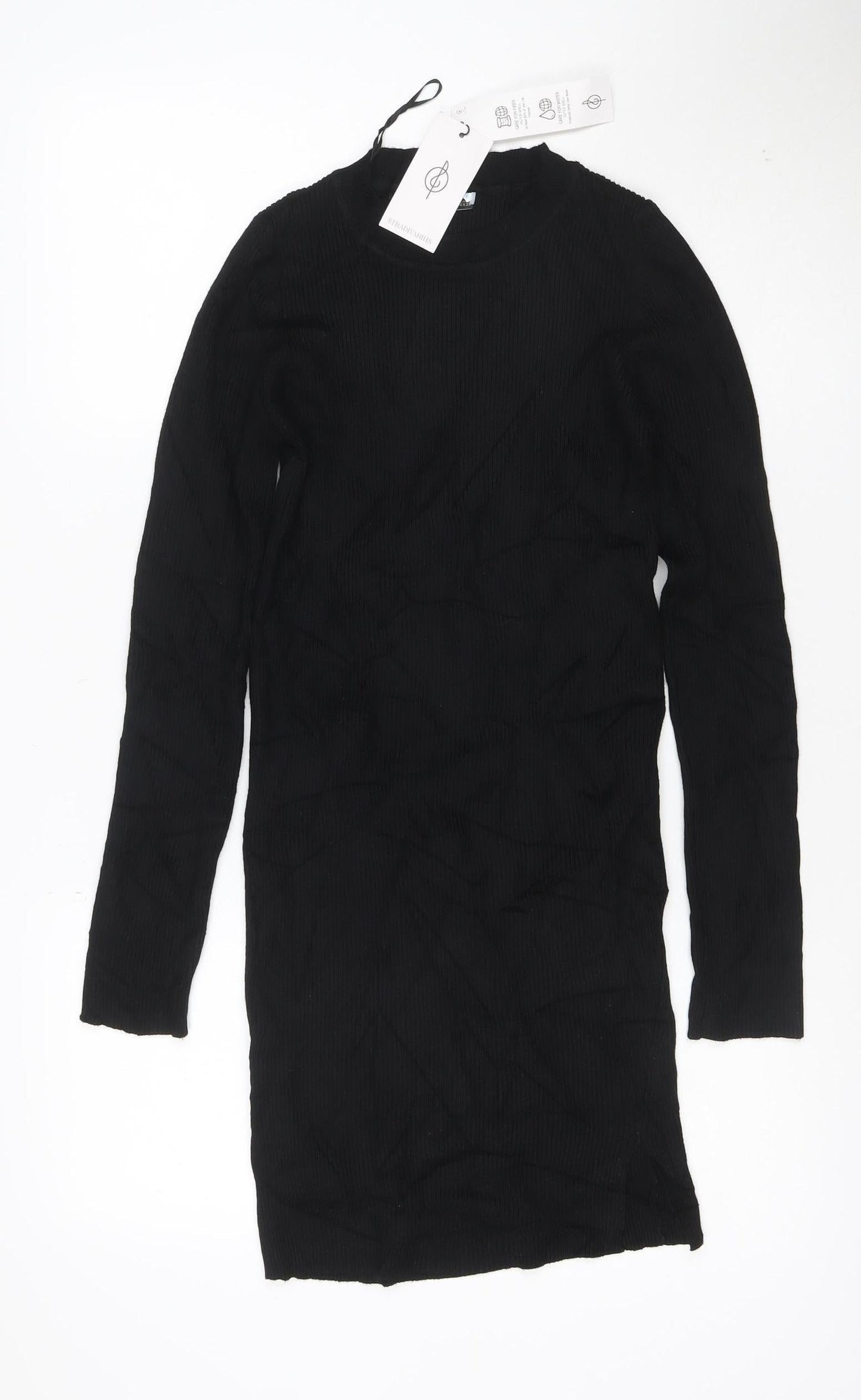 Stradivarius Women Black Bodycon Knit Long Sleeve High Neck Dress M