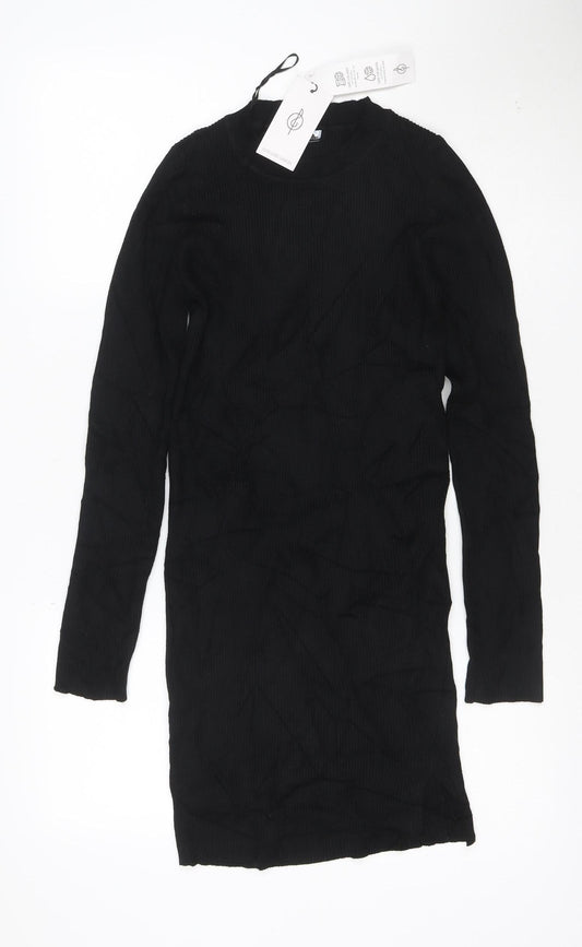Stradivarius Women Black Bodycon Knit Long Sleeve High Neck Dress M