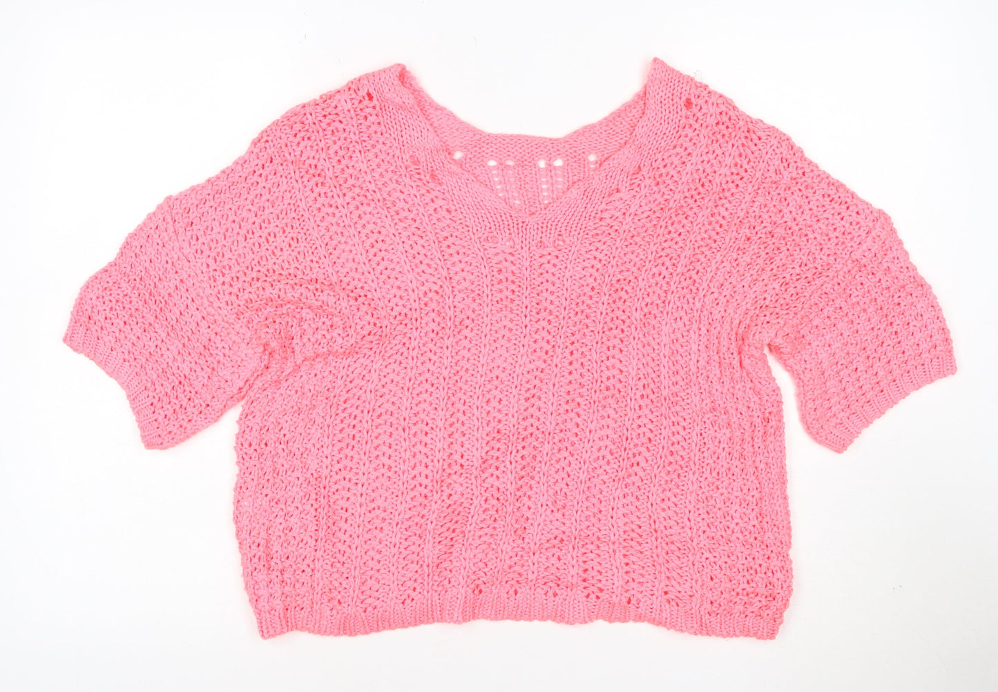 Next Women's Pink Cotton Open Knit V-Neck Short Sleeve Jumper Size M