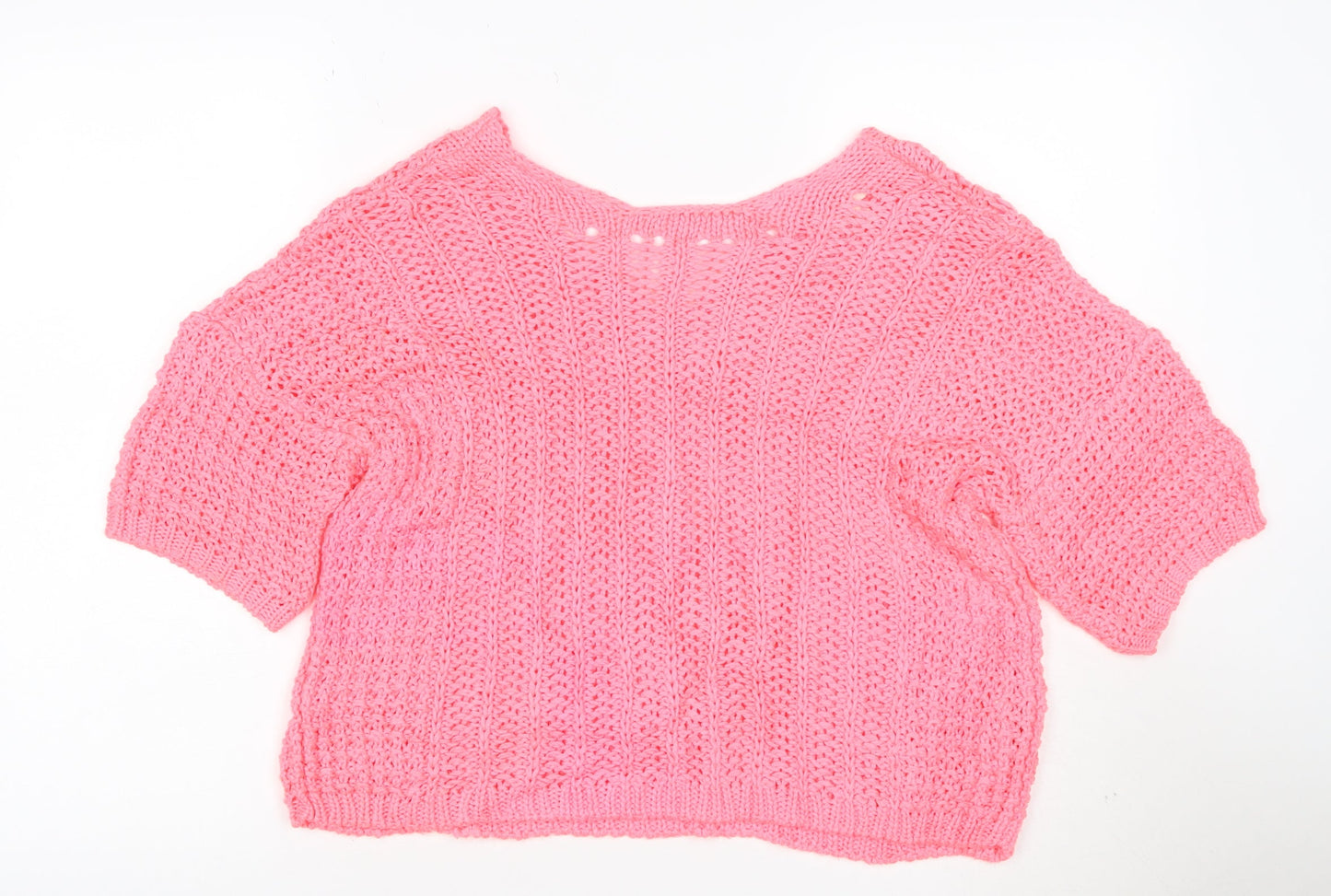 Next Women's Pink Cotton Open Knit V-Neck Short Sleeve Jumper Size M