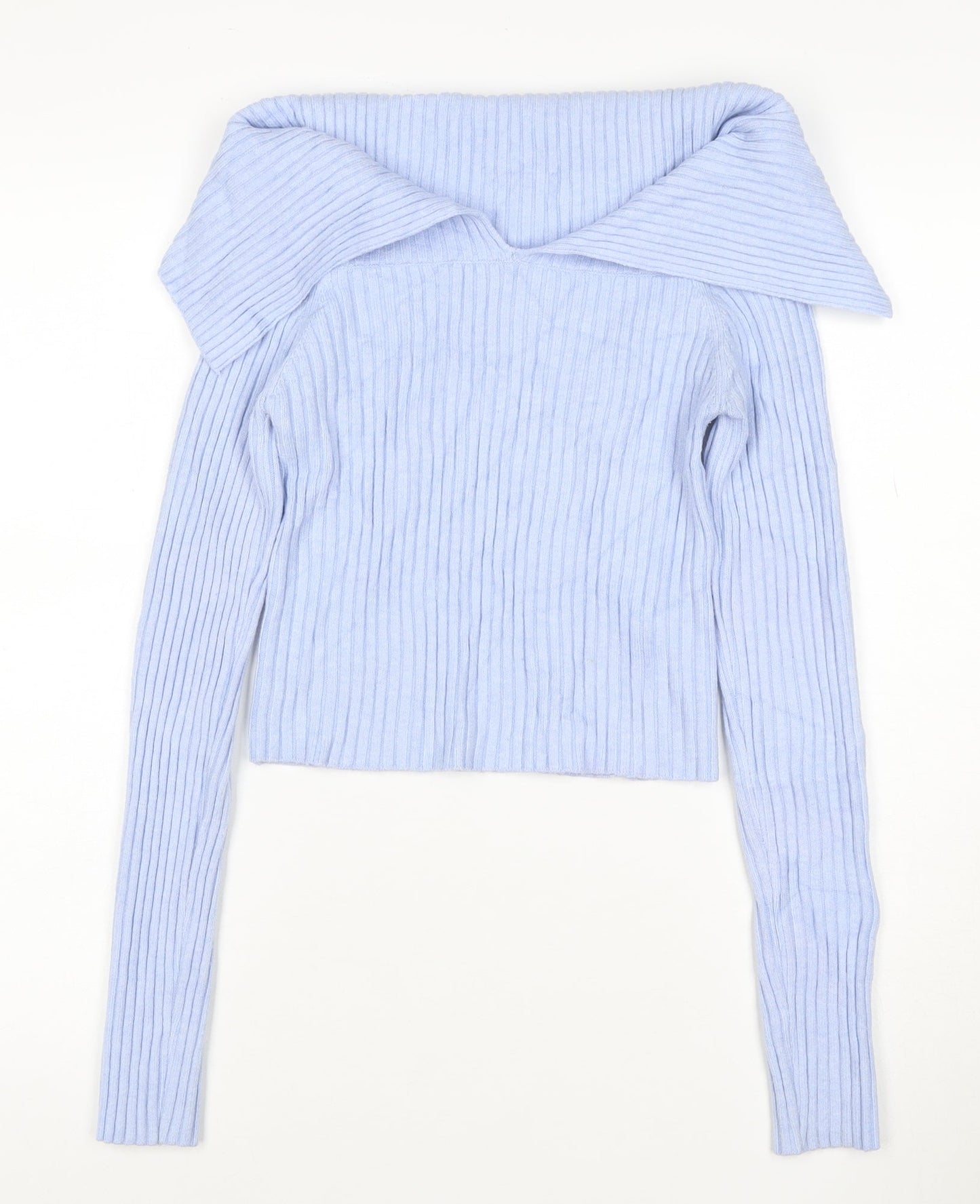 Bershka Women Blue Rib-Knit Off Shoulder Pullover Jumper Size 12