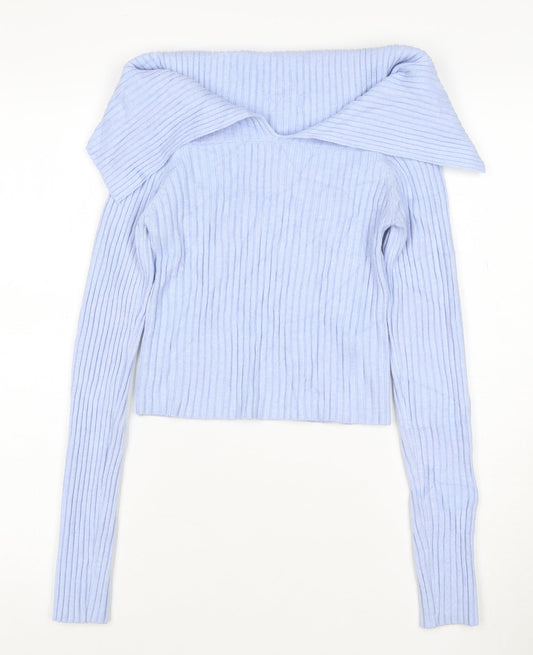 Bershka Women Blue Rib-Knit Off Shoulder Pullover Jumper Size 12