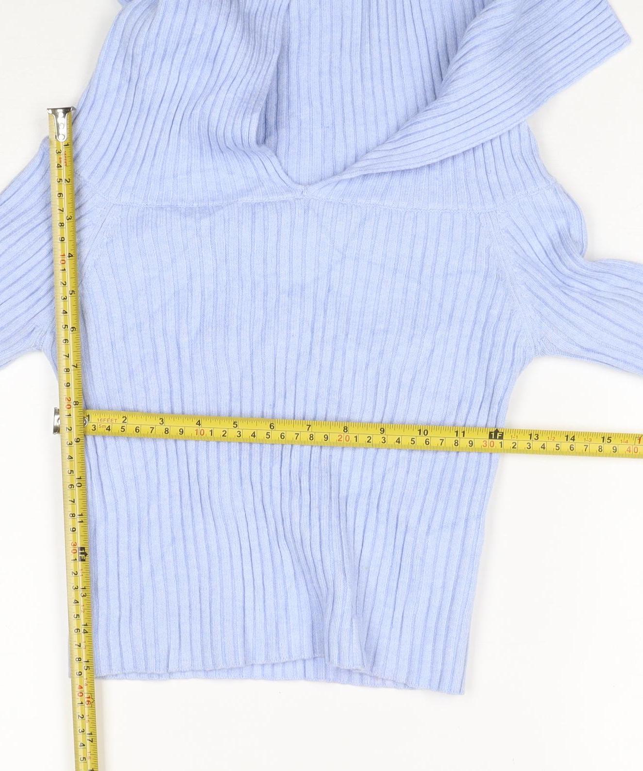 Bershka Women Blue Rib-Knit Off Shoulder Pullover Jumper Size 12