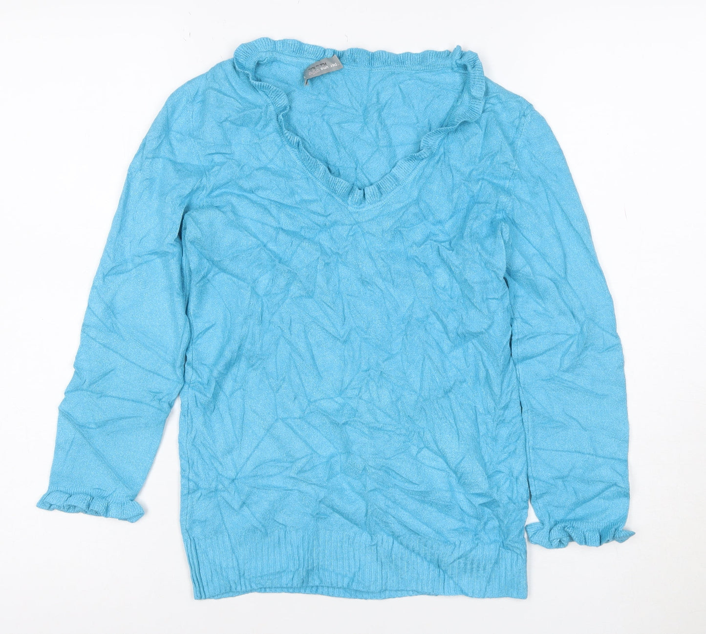 Marks and Spencer Women Blue V-Neck Ruffle Knit Jumper Size 10