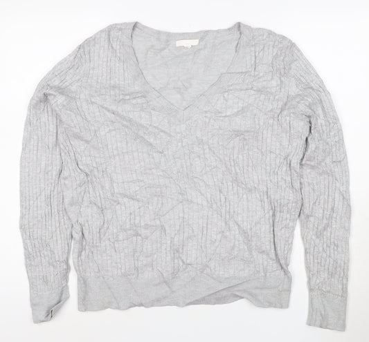 H&M Women’s Grey V-Neck Knit Jumper Size 12 Long Sleeve