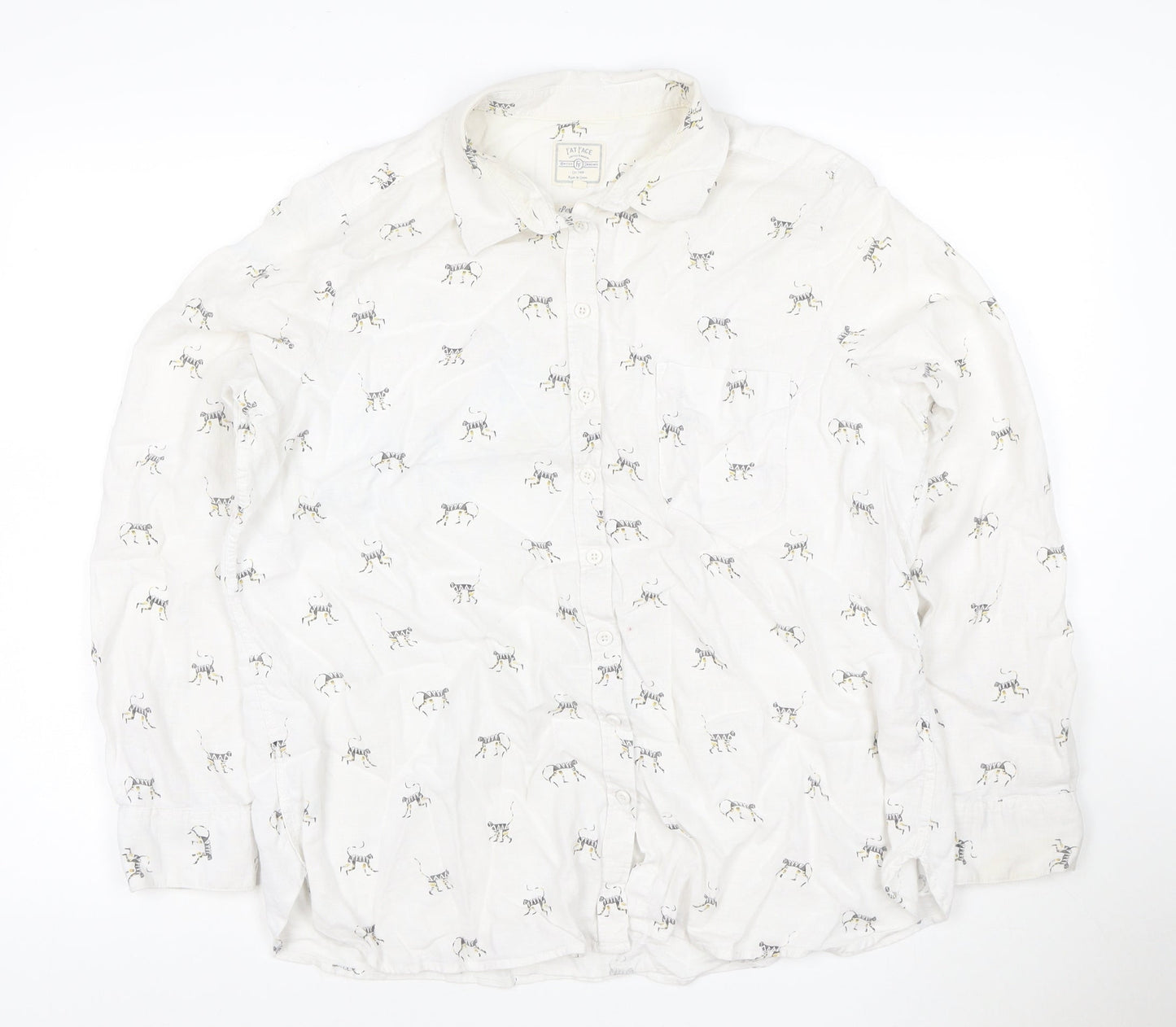 Fat Face Women's White Animal Print Cotton Linen Long Sleeve Shirt Size 10