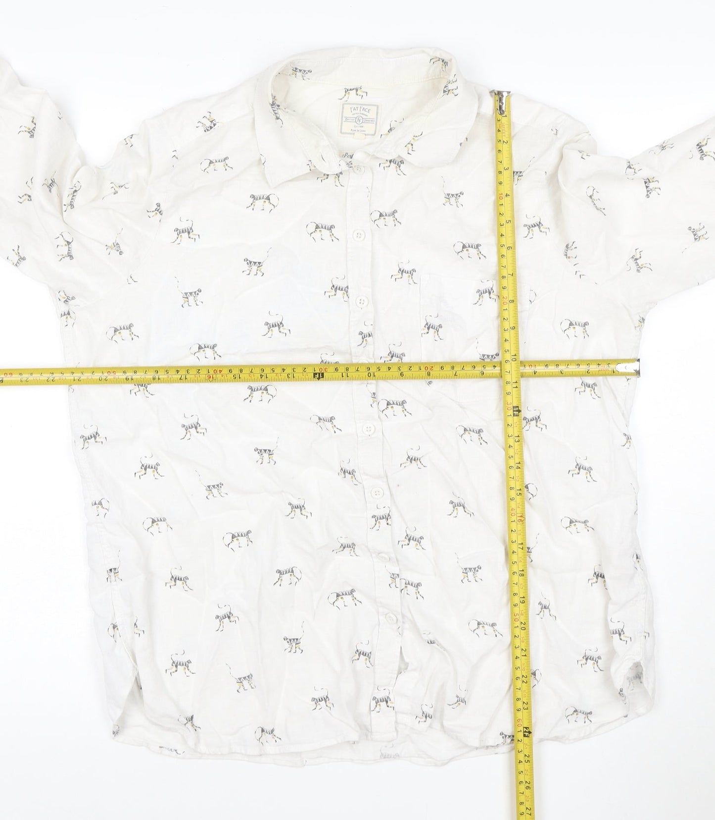 Fat Face Women's White Animal Print Cotton Linen Long Sleeve Shirt Size 10