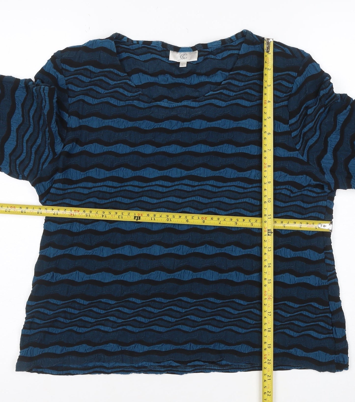 C C Womens Blue Striped 3/4 Sleeve Jersey Blouse Size L