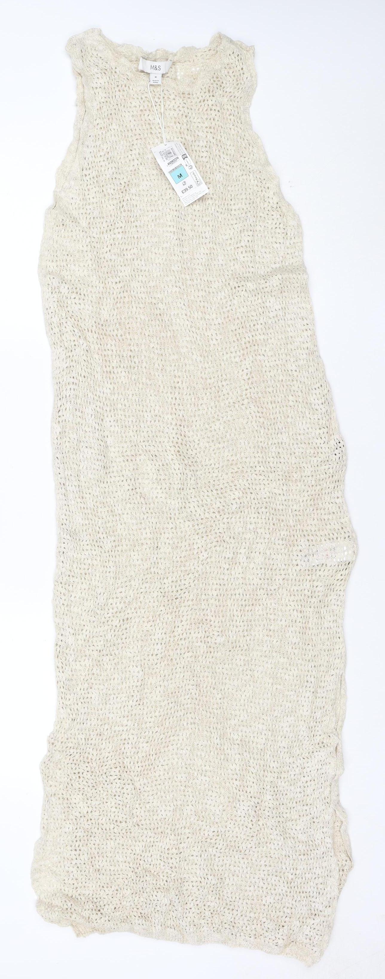 Marks and Spencer Women Beige Knit Linen Blend Sleeveless Shift Dress M