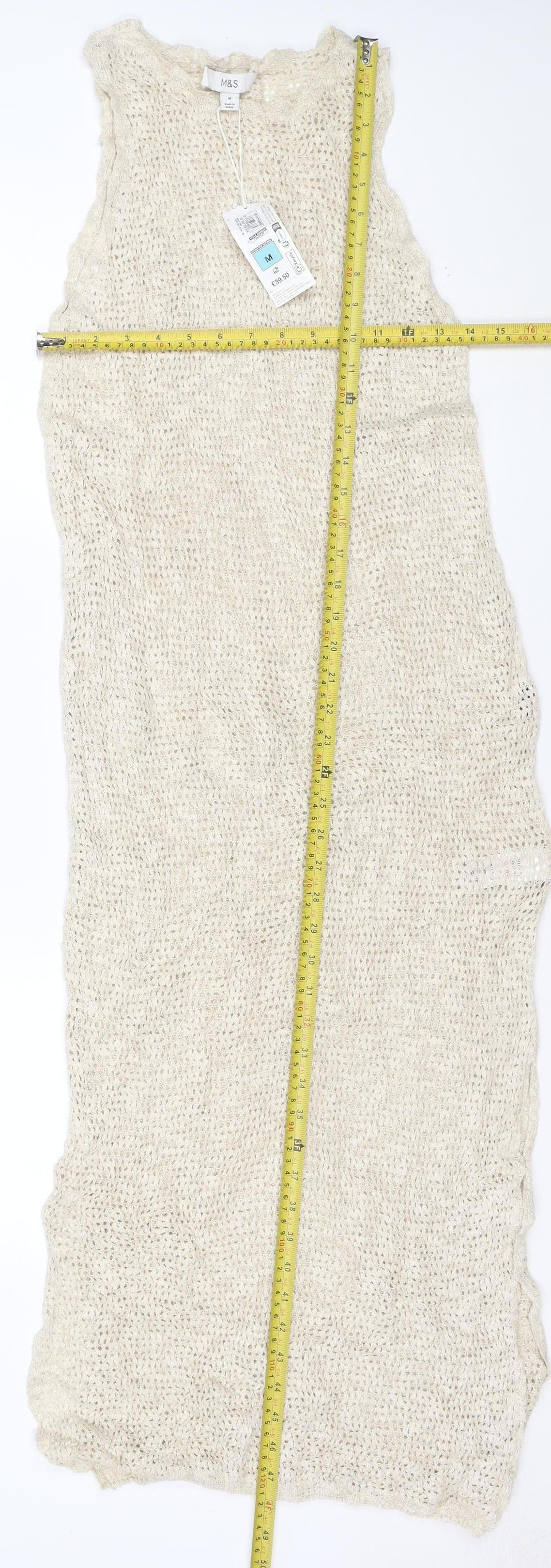 Marks and Spencer Women Beige Knit Linen Blend Sleeveless Shift Dress M