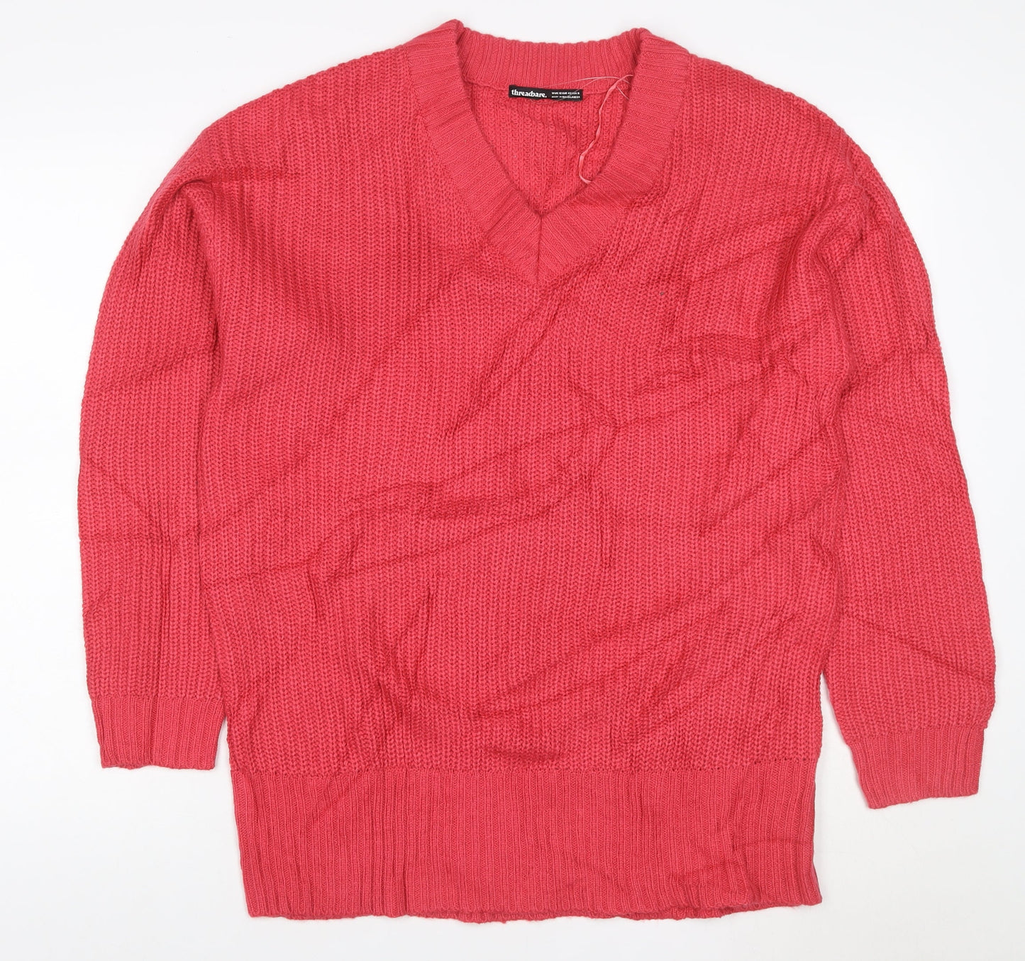 Threadbare Womens Pink V-Neck Chunky Knit Pullover Jumper Size 12