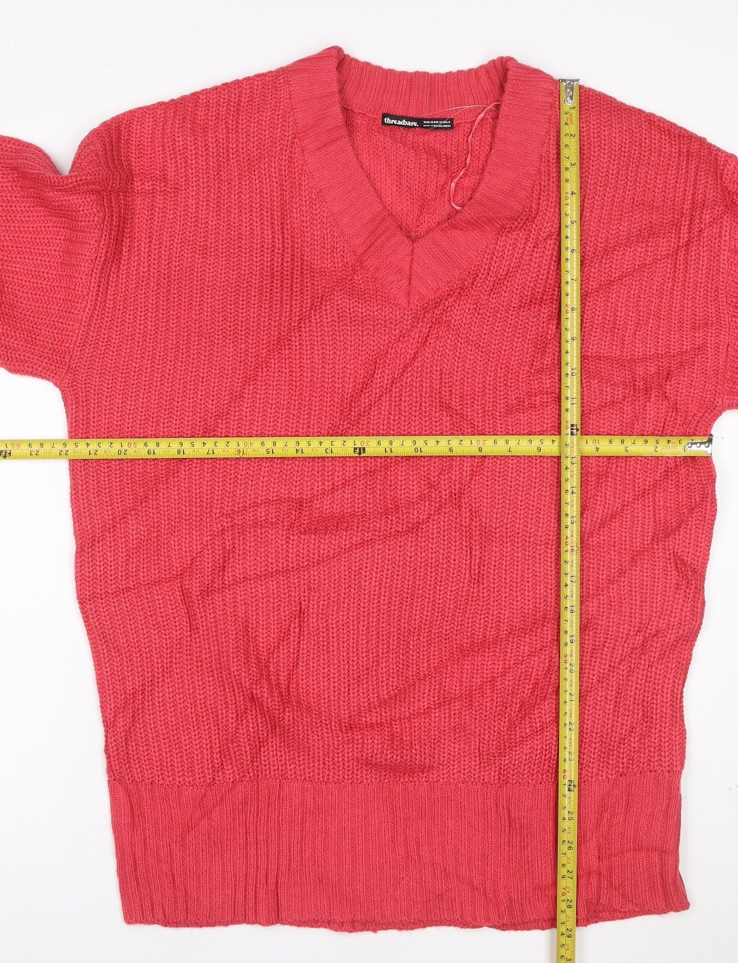 Threadbare Womens Pink V-Neck Chunky Knit Pullover Jumper Size 12