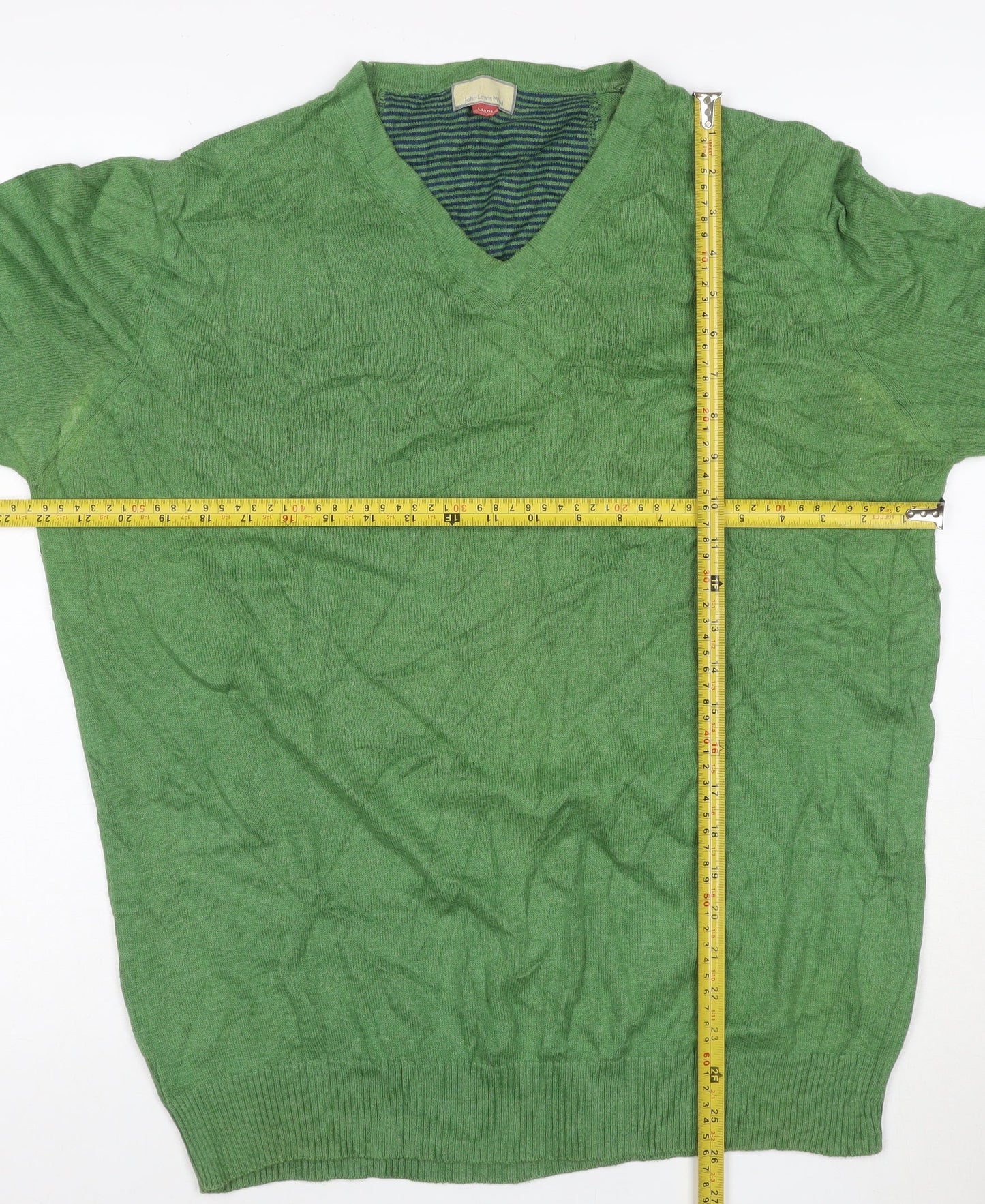 John Lewis Men Green Cotton Cashmere V-Neck Jumper Large