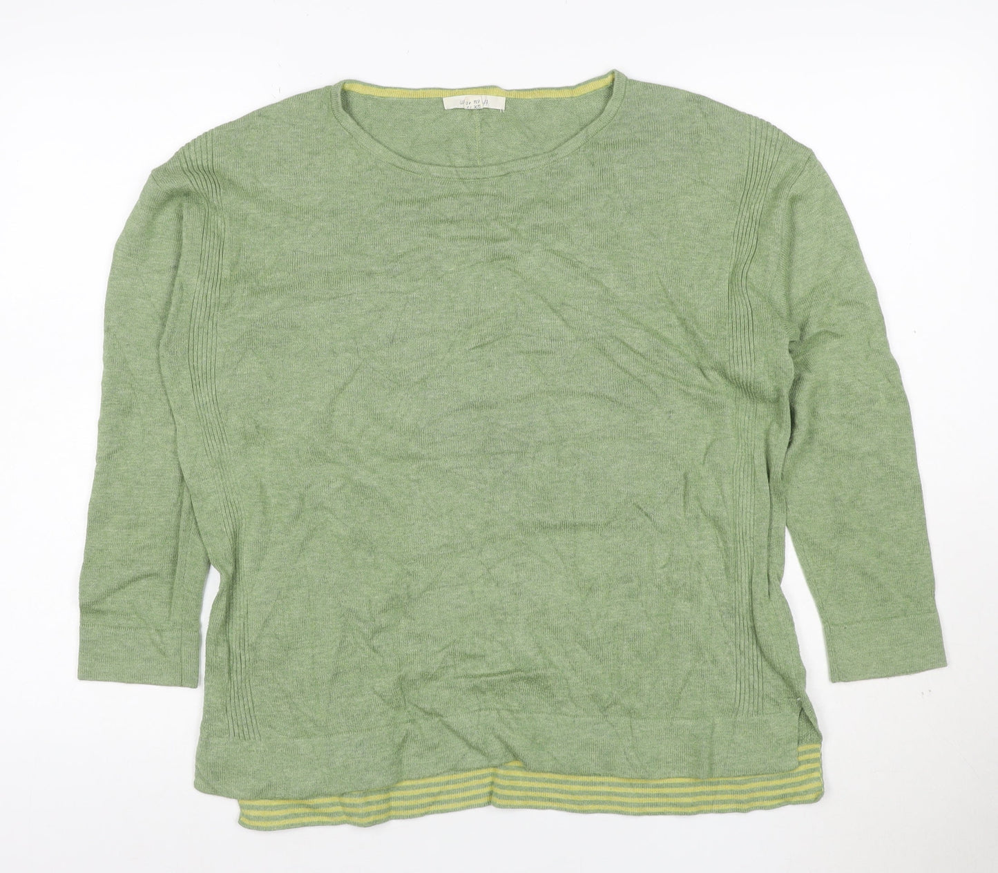 White Stuff Women's Green Cotton Blend Crew Neck 3/4 Sleeve Jumper UK 12