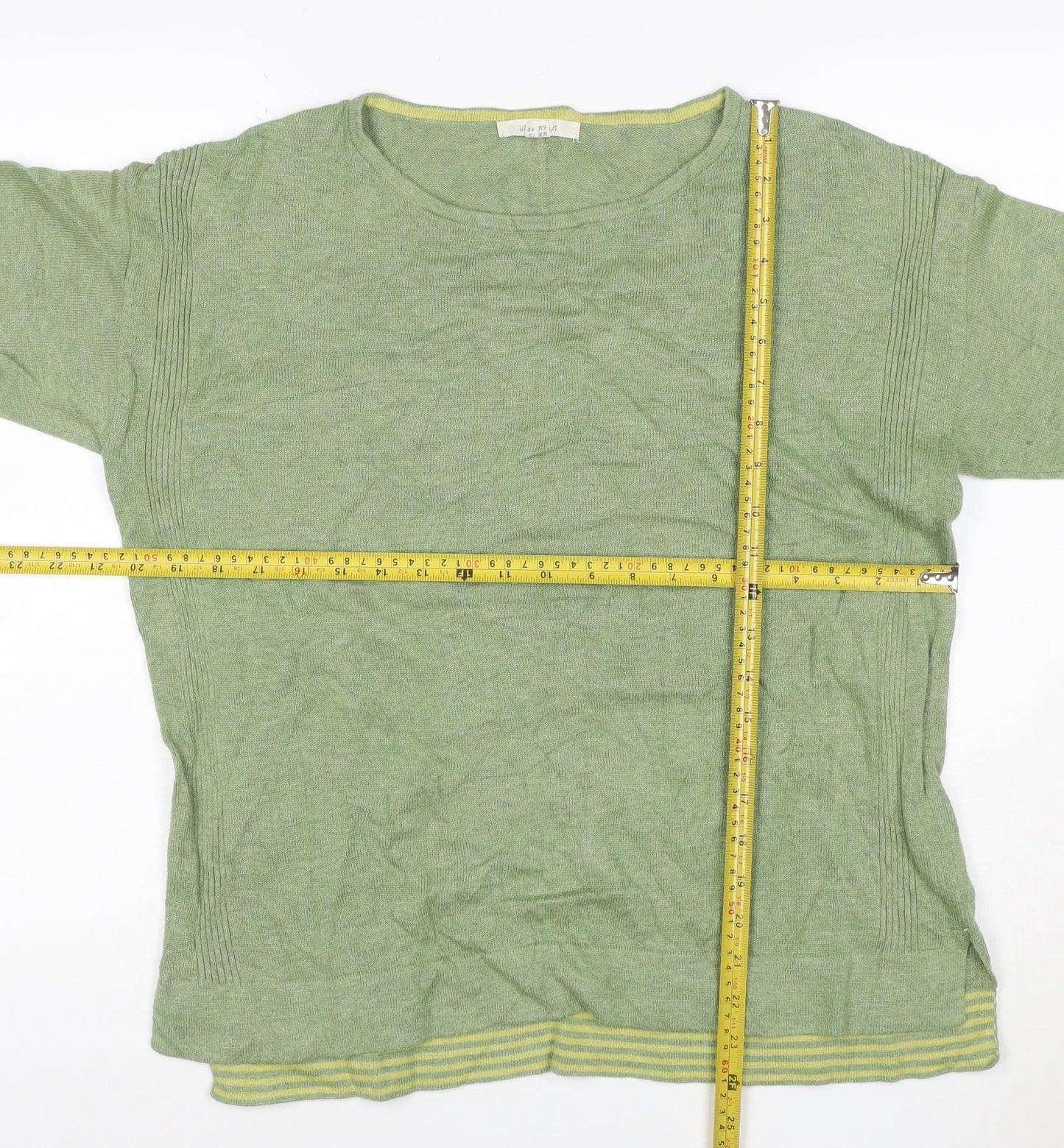 White Stuff Women's Green Cotton Blend Crew Neck 3/4 Sleeve Jumper UK 12